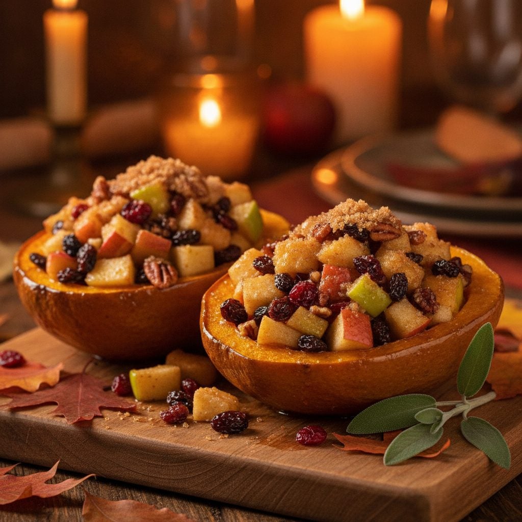 Halved acorn squash filled with diced apples cranberries raisins and pecans for Thanksgiving