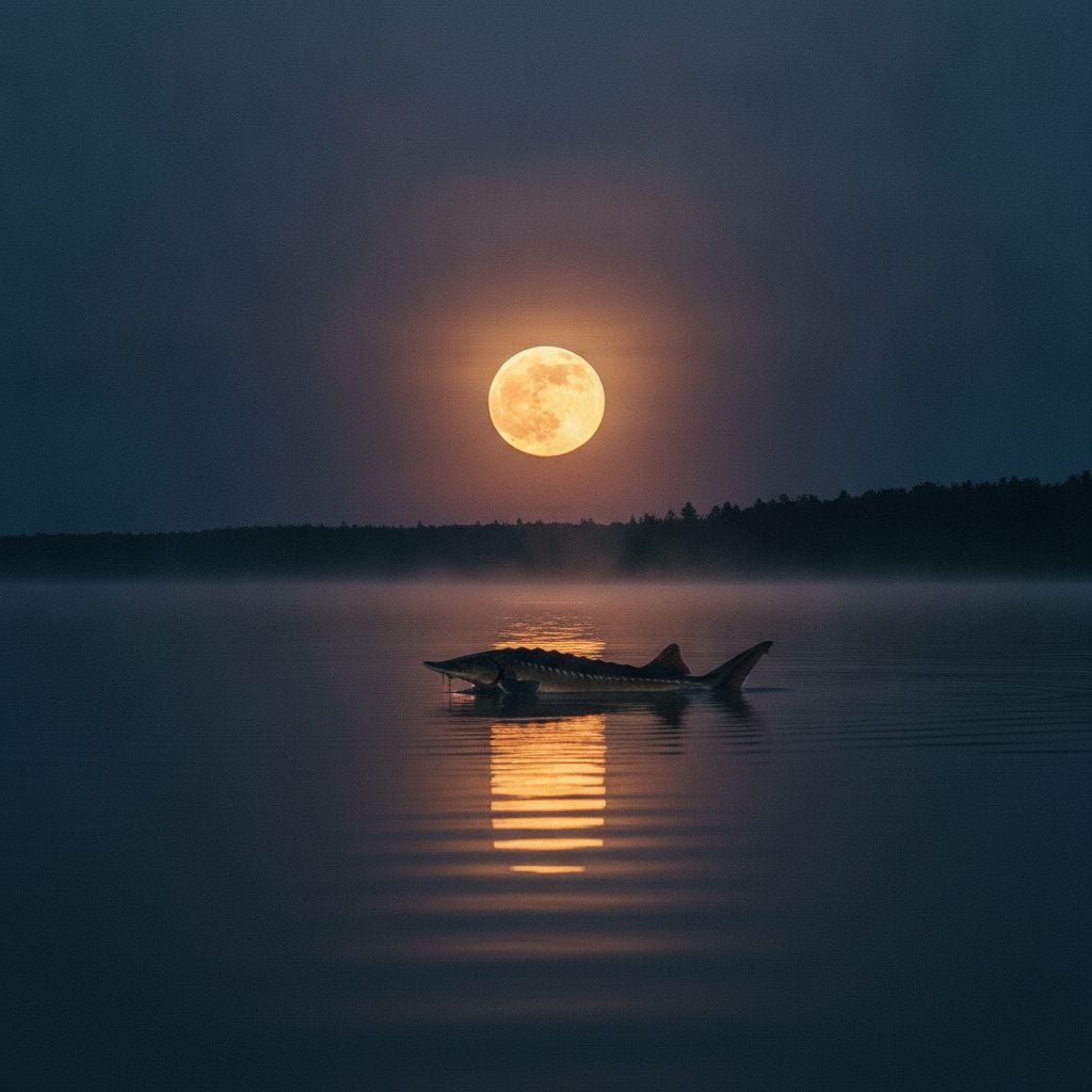 Full Sturgeon Moon rising over a August North American landscape, the traditional name for the August full moon in folklore.