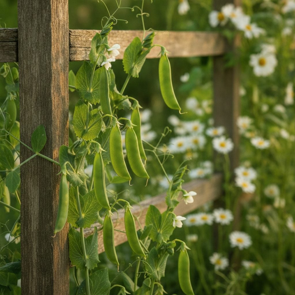 Fresh green sugar snap peas growing on a wooden trellis in a sunny vegetable garden with white flowers in the background.