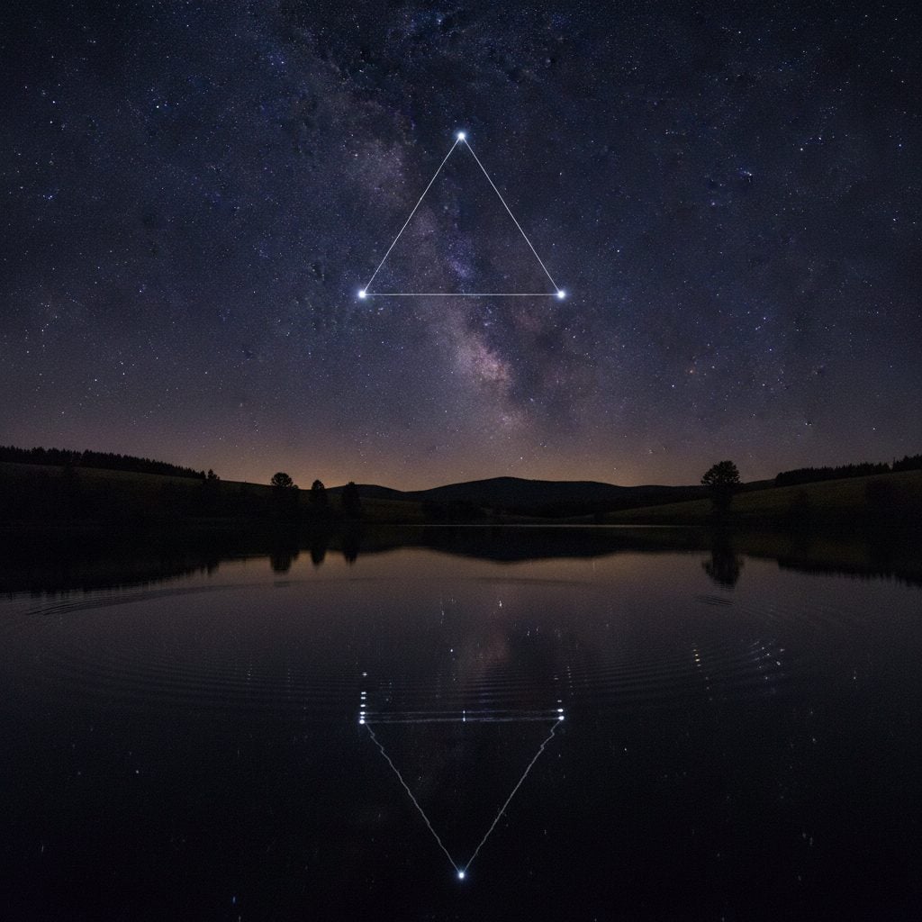 Summer Triangle of Vega, Altair, and Deneb visible as three bright stars over a quiet rural lake at midnight.