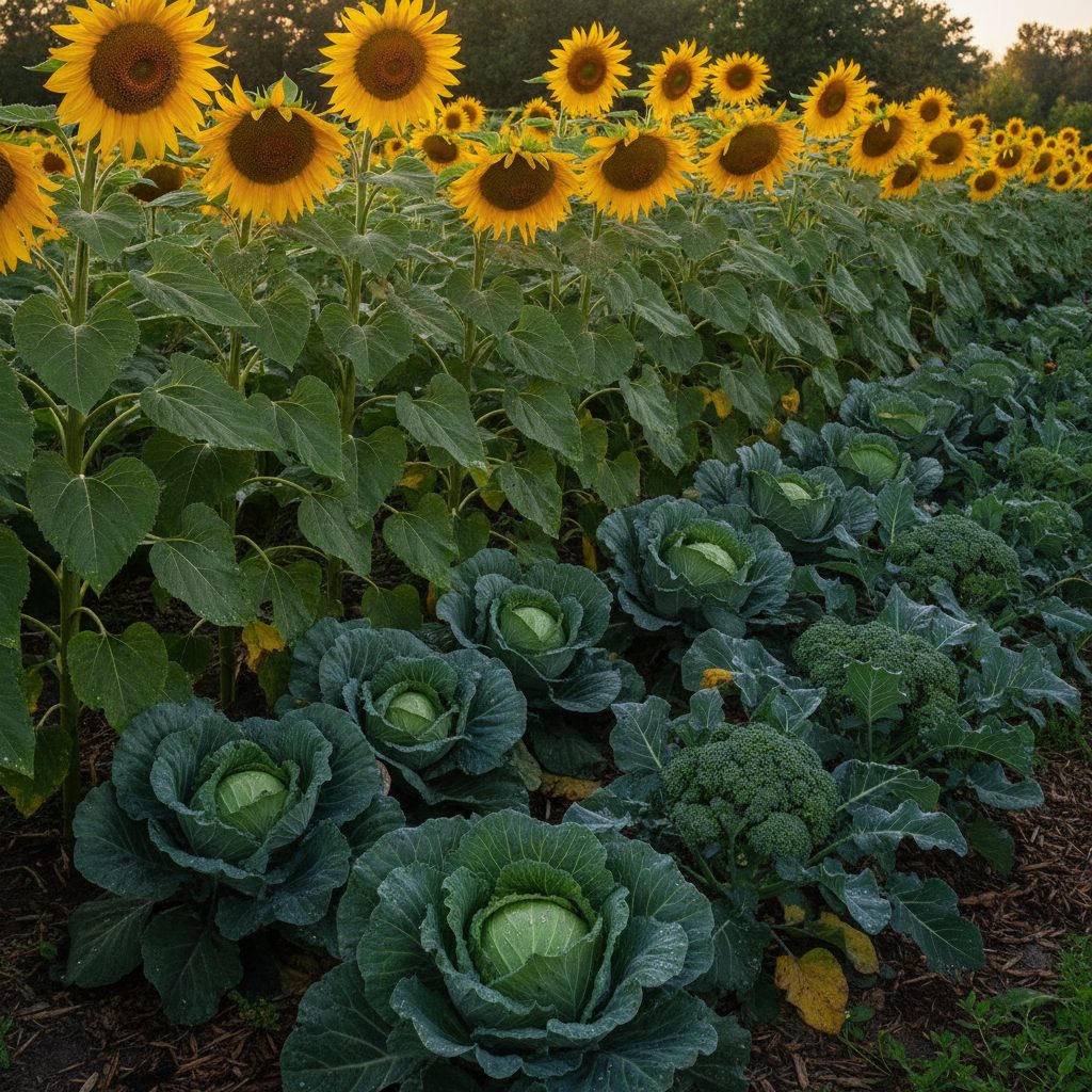 Row of tall yellow sunflowers shading an understory of broccoli and cabbage in late July afternoon light.