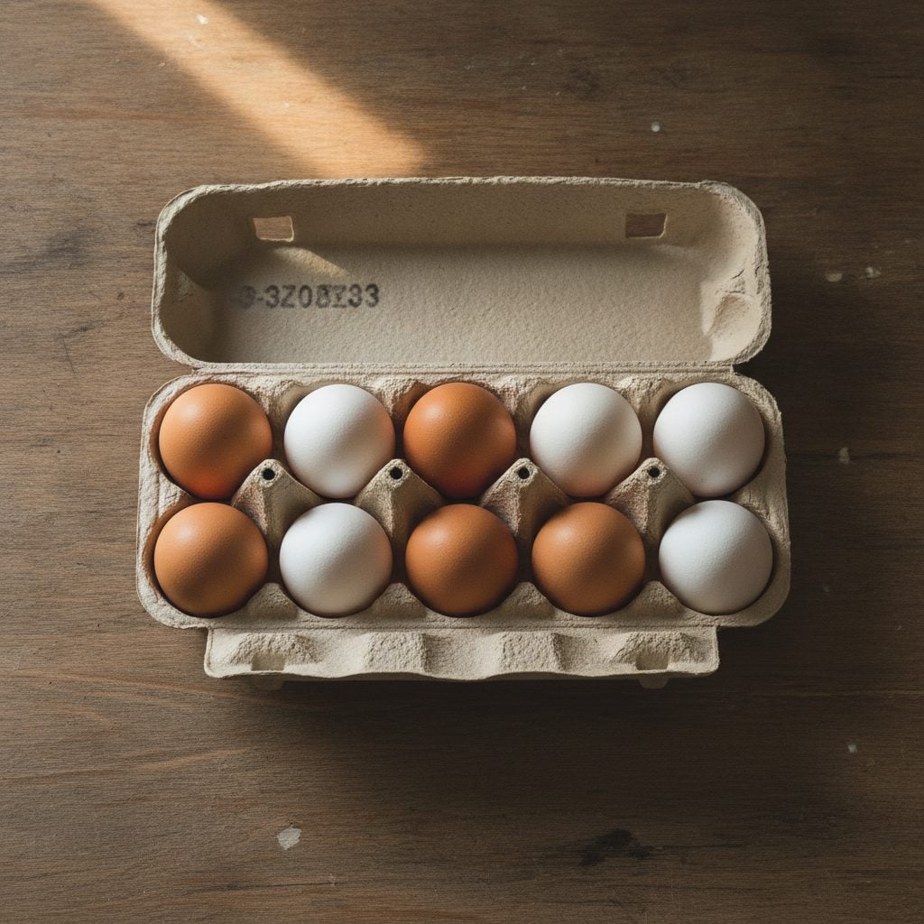 Open carton of brown and white supermarket eggs on a wooden kitchen counter with the side of the carton showing a date stamp.