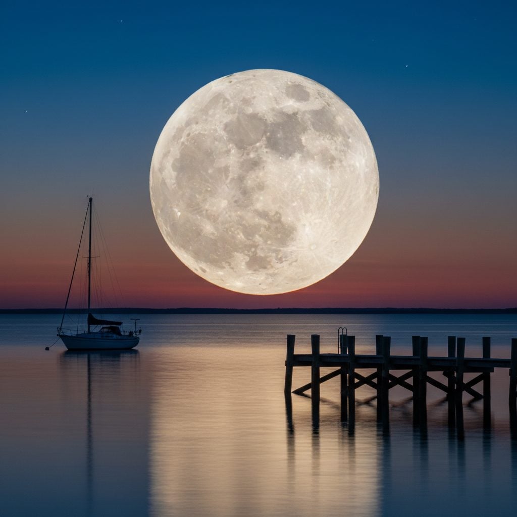 Large bright supermoon rising over a calm coastal bay at twilight with reflection on the water and a small sailboat in the foreground