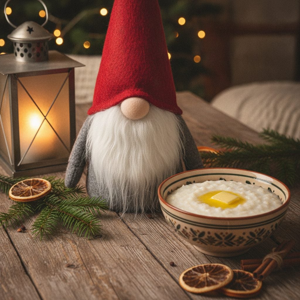 Cozy Scandinavian Christmas scene with a bearded tomte gnome figure in a red cap beside a bowl of porridge with butter on a wooden farm table.