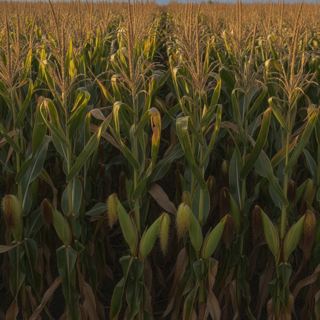 Sunny block of tall sweet corn plants with golden tassels and just-emerging silks in warm late summer afternoon light.