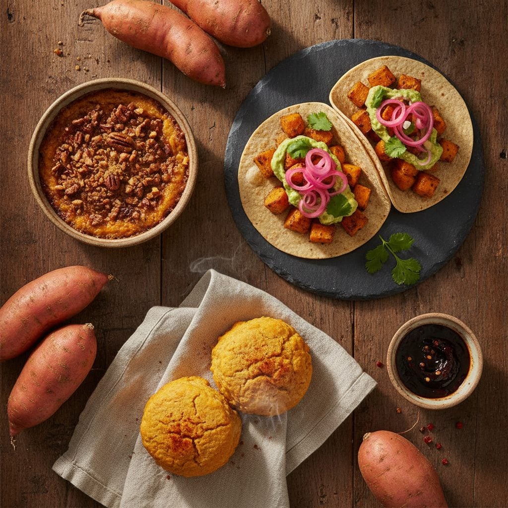 Three sweet potato dishes plated: pecan crisp, tacos with pickled red onions, and chipotle biscuits