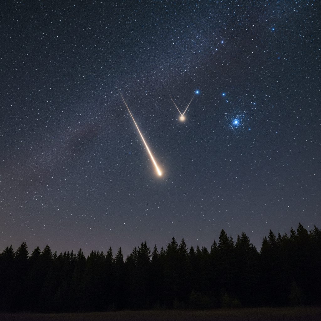 A bright orange Taurid fireball streaking through the constellation Taurus with the V of the Hyades and the Pleiades visible above a dark pine forest