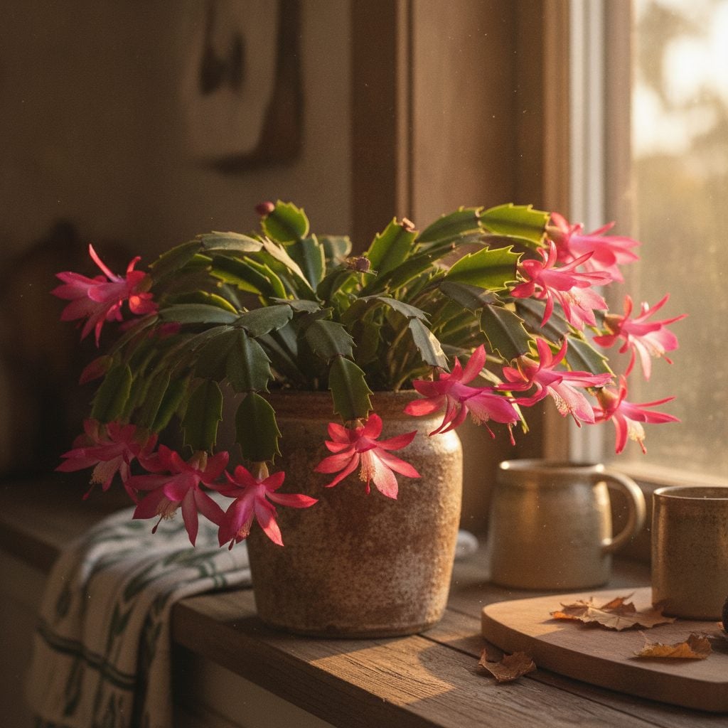 Thanksgiving cactus in full bloom with bright pink-magenta flowers and jagged pointed leaf edges on a sunny kitchen windowsill in November light.