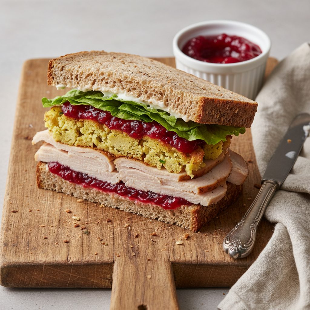 Thanksgiving leftovers sandwich sliced in half on a wooden cutting board showing layers of turkey, cranberry sauce, stuffing, and lettuce on whole-grain bread