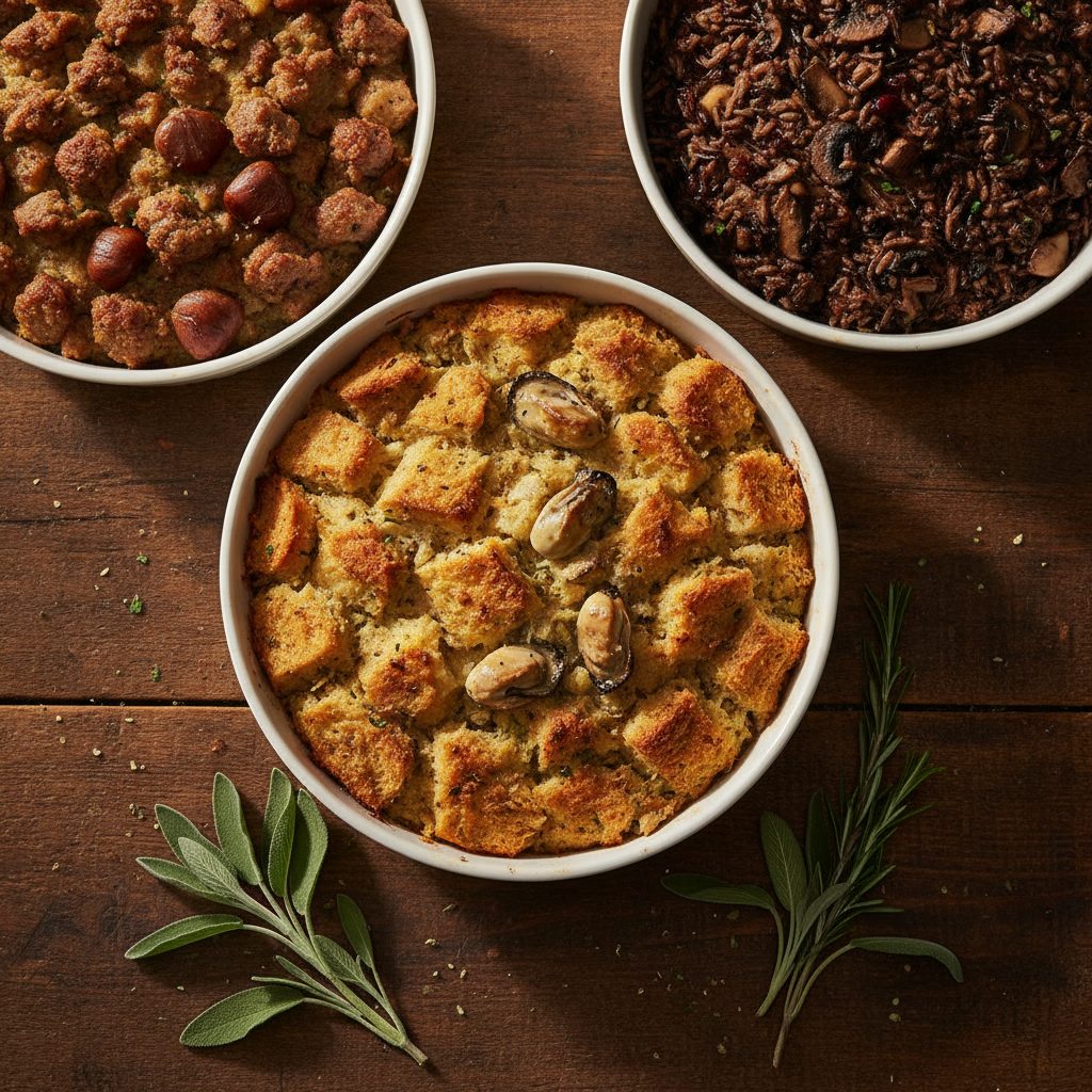Three Thanksgiving stuffing variations in baking dishes: oyster, chestnut sausage, and wild rice mushroom with cranberries