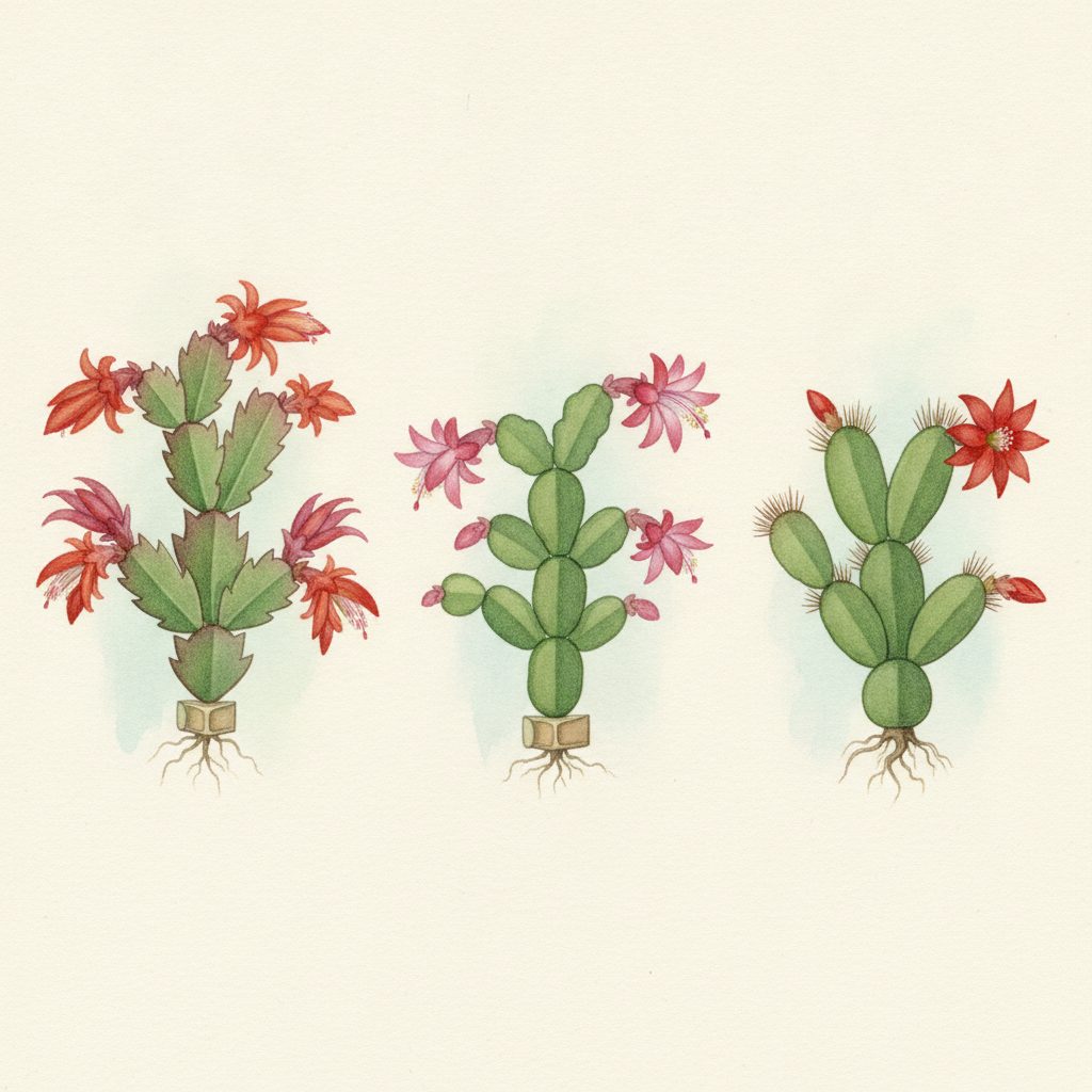 Painted scientific comparison of Thanksgiving cactus (pointed leaves), Christmas cactus (scalloped leaves), and Easter cactus (rounded leaves with bristles).