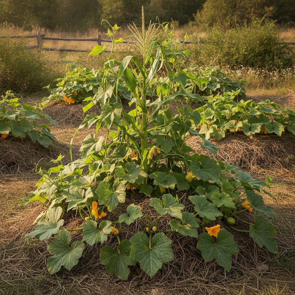 Three Sisters companion planting mound with corn, climbing pole beans, and ground-spreading squash growing together in a single hilled garden.