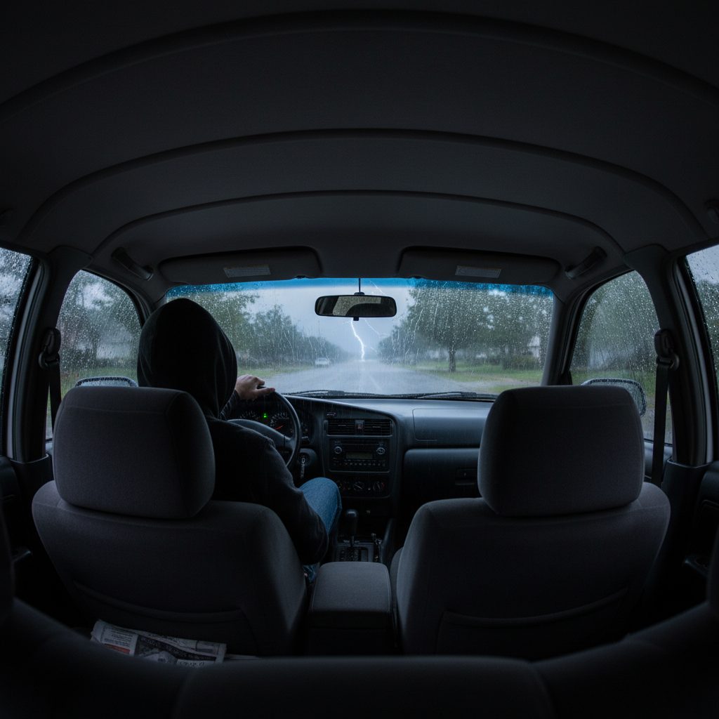Closed sedan during a thunderstorm with rain streaming down the windshield, the safe Faraday-cage shelter for thunder and lightning safety.