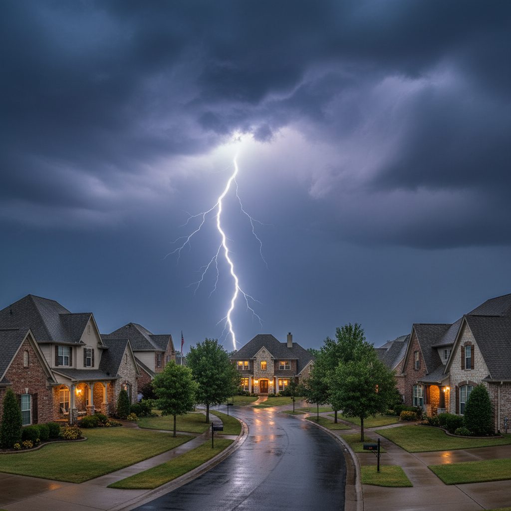 Bright lightning bolt above a residential neighborhood at night, illustrating thunder and lightning safety inside the home.