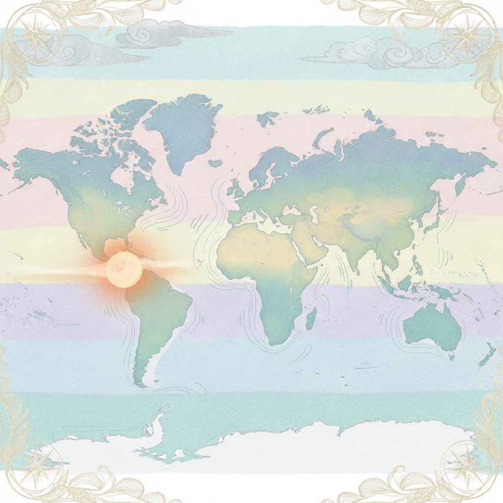 Painted illustration of a world map with time zones as colored bands and the sun's position moving as a glowing disc across the map.