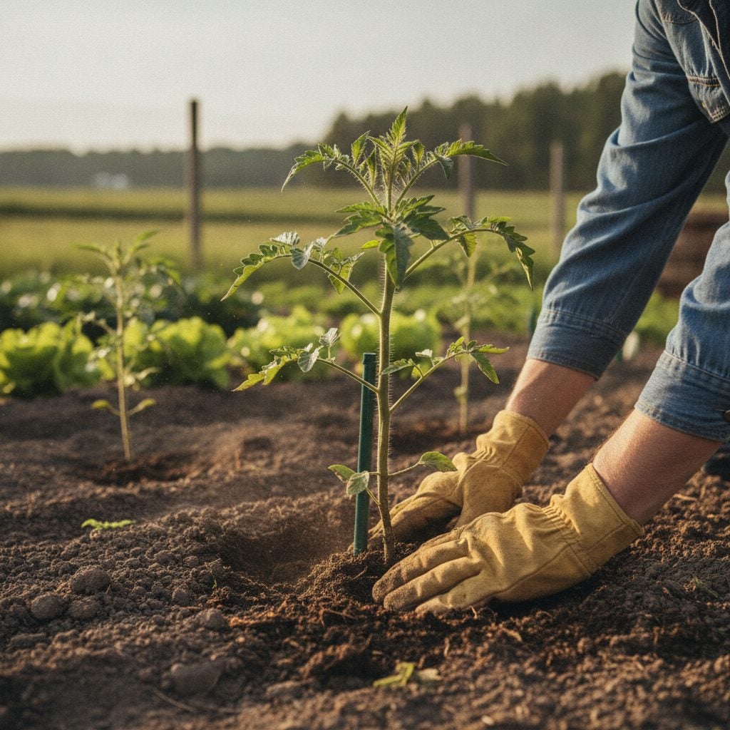 Gardener planting a deep tomato transplant in a vegetable bed with the bottom 2/3 of the stem disappearing into the soil in soft May morning light.