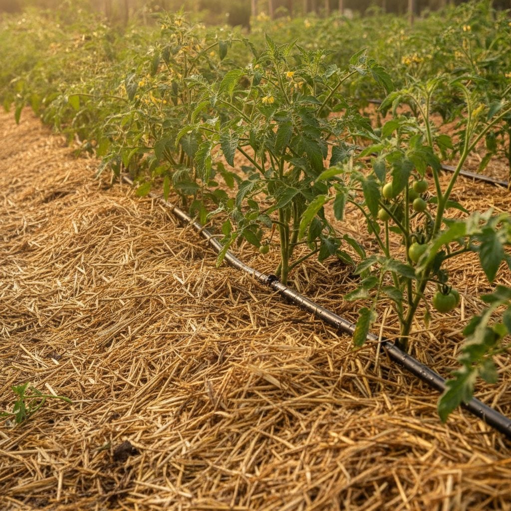 Drip irrigation tube laid alongside a row of healthy tomato plants with 3 inches of straw mulch on the soil in a vegetable garden.