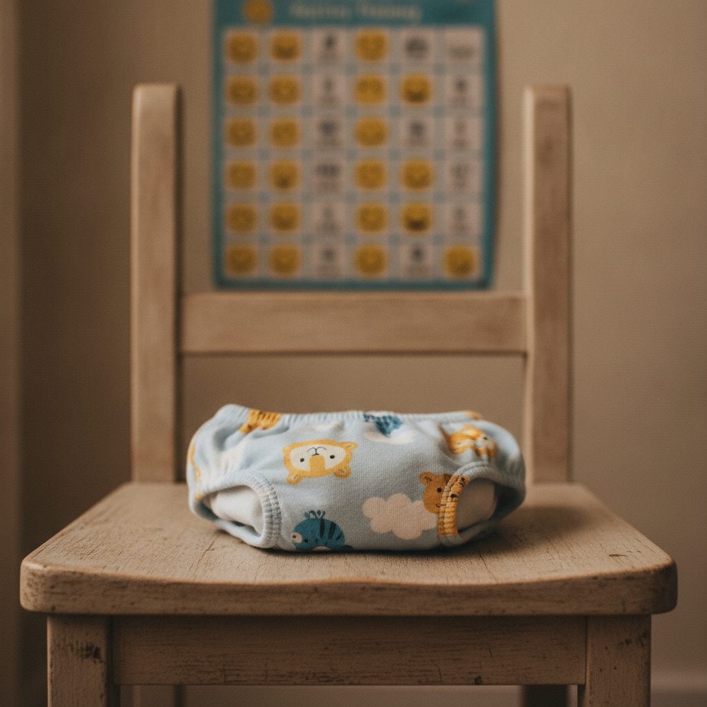 Children's training underwear folded on a wooden chair with a wall-mounted potty training sticker chart in the background.