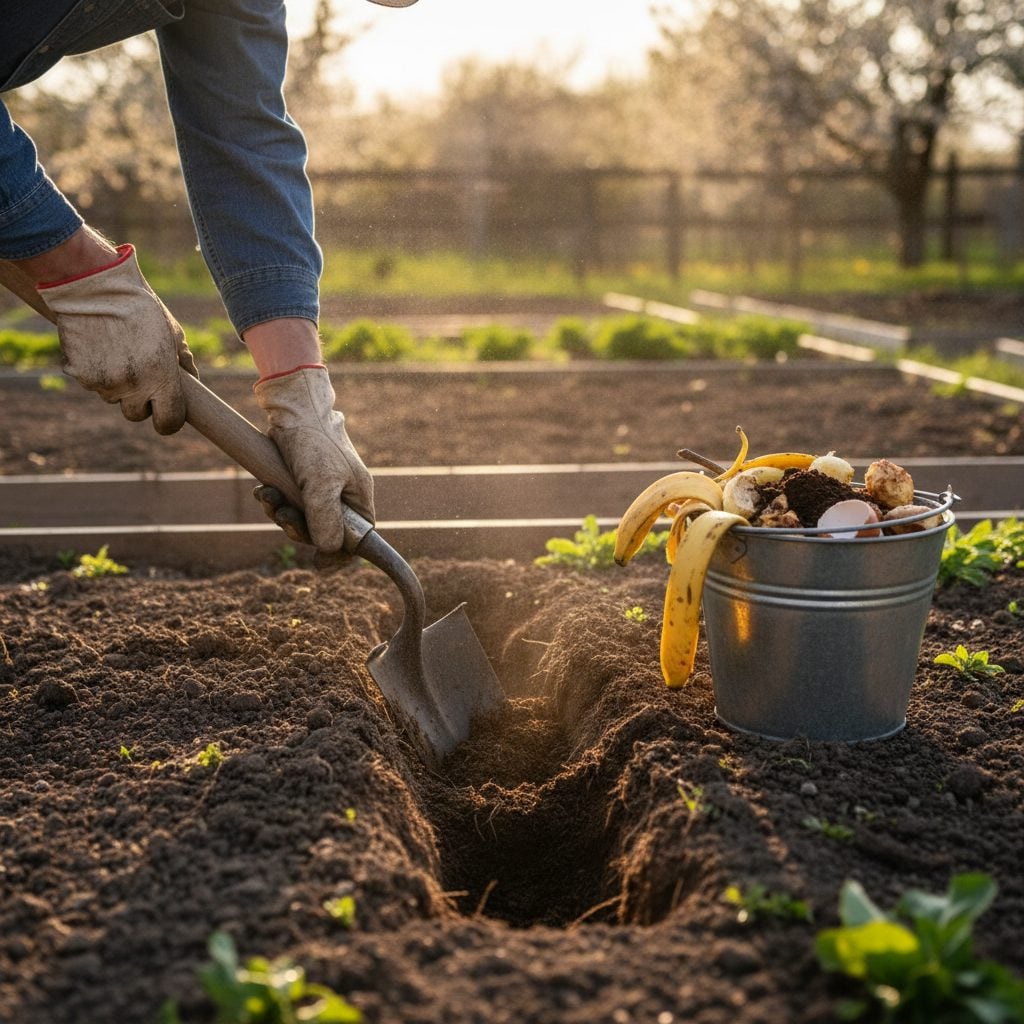 Gardener digging a small trench in a sunlit vegetable bed with a sturdy spade beside a bucket of fresh kitchen scraps in spring morning light.