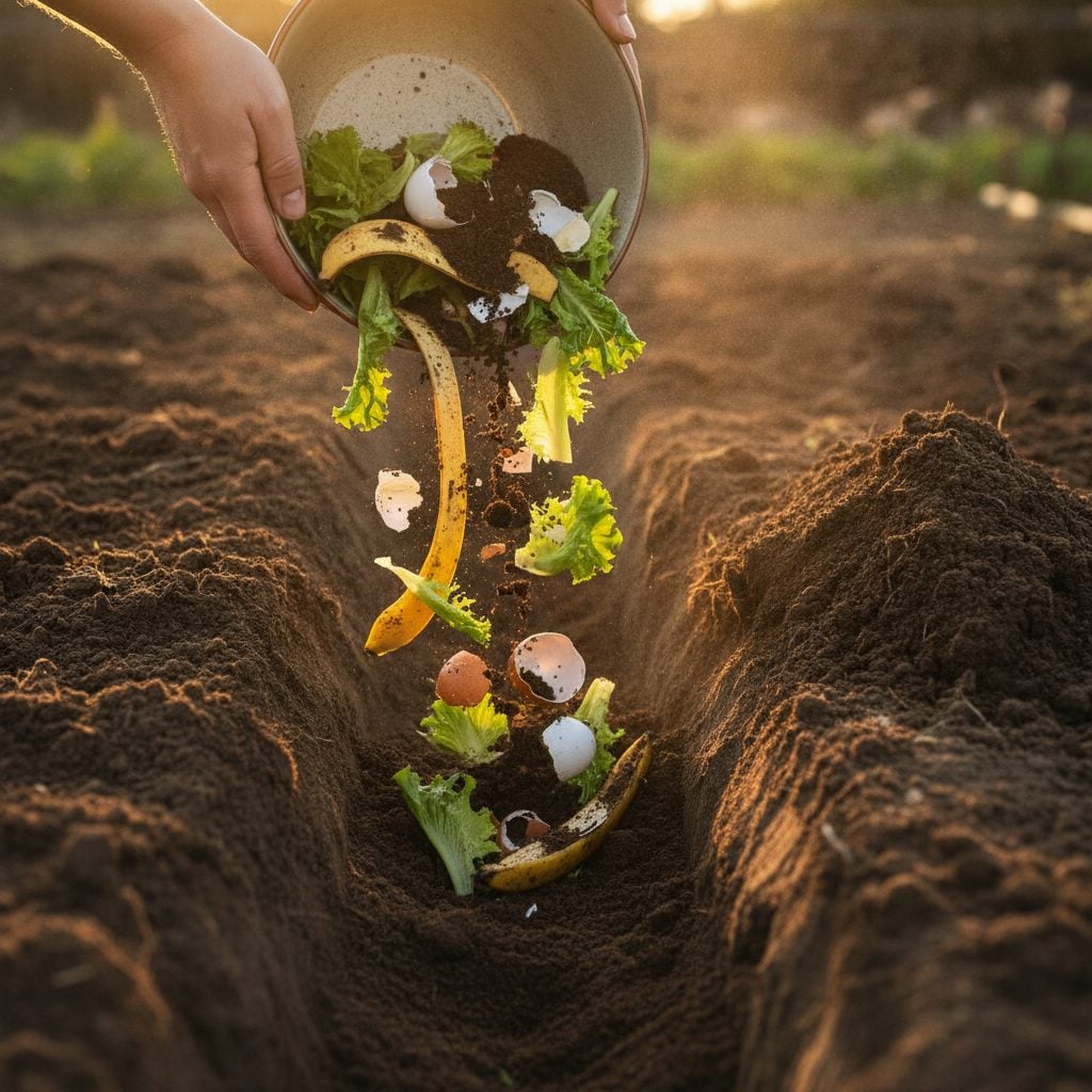 Fresh kitchen scraps emptied into a freshly dug trench in a vegetable bed with the soil pile ready to cover.