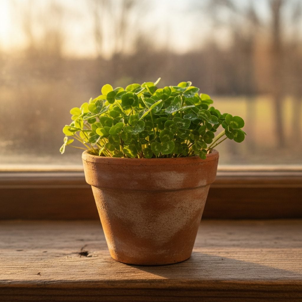 Small clay pot of bright green white clover shamrocks on a wooden windowsill on a sunny early March morning.