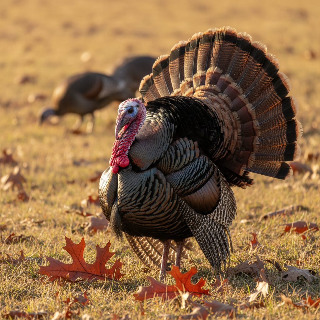 A wild tom turkey in full strut on an autumn pasture, tail feathers fanned showing copper and bronze banding, bright red wattle, two hens out of focus behind