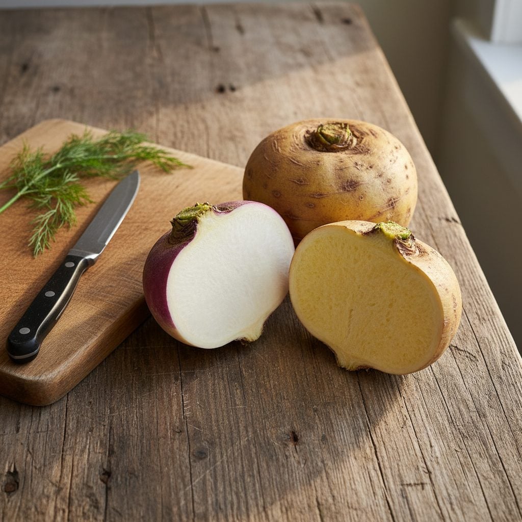 Turnip vs rutabaga side by side, one of each cut in half showing white turnip flesh and golden rutabaga flesh on a wooden farm table with a paring knife and dill sprig