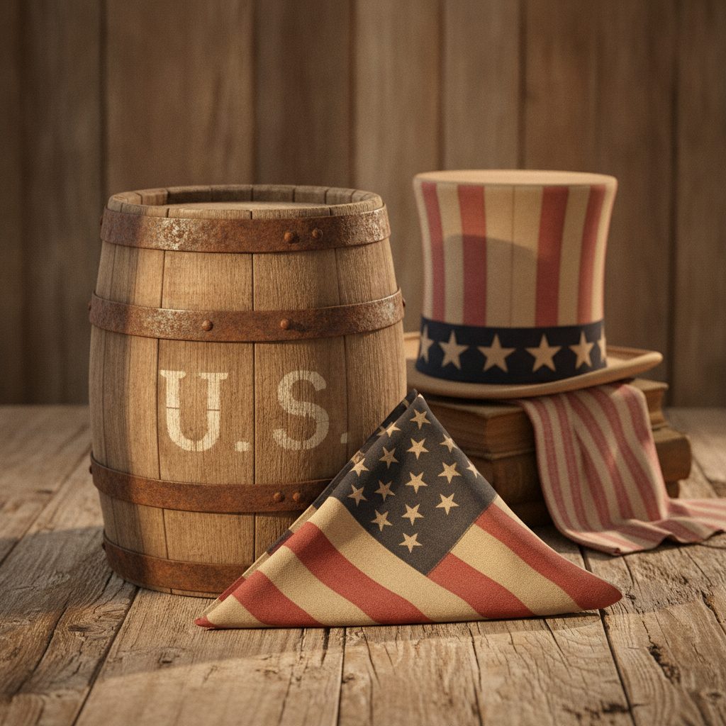 Vintage Americana still life of a U.S. stamped barrel, folded American flag, and star-banded top hat illustrating Uncle Sam history