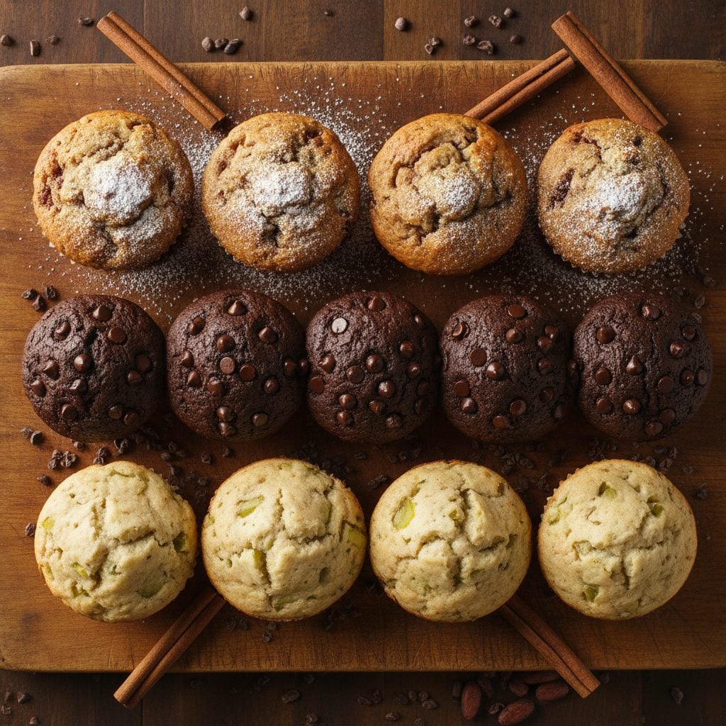 Three rows of unusual muffin varieties on a wooden board: Moroccan, double chocolate black bean, and sweet pickle cream