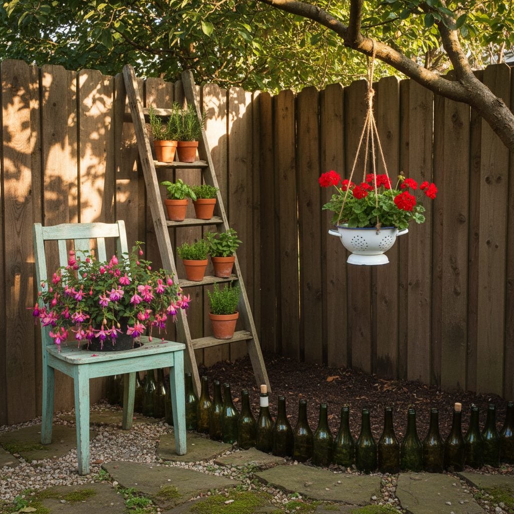 A backyard corner with a painted wooden chair planter, a ladder of potted herbs, a wine-bottle garden edge, and a hanging colander of red geraniums