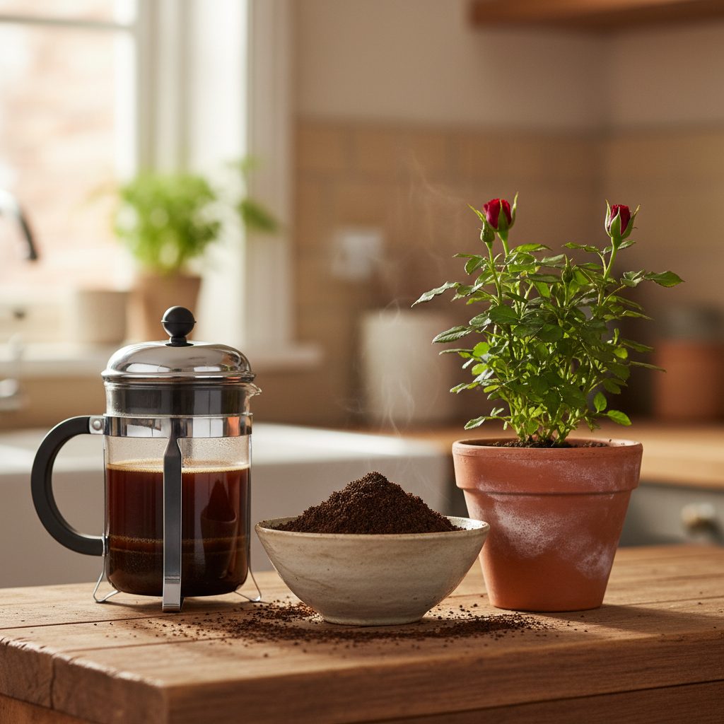 A French press, a bowl of used coffee grounds, and a young rose bush in a terracotta pot on a wooden kitchen counter