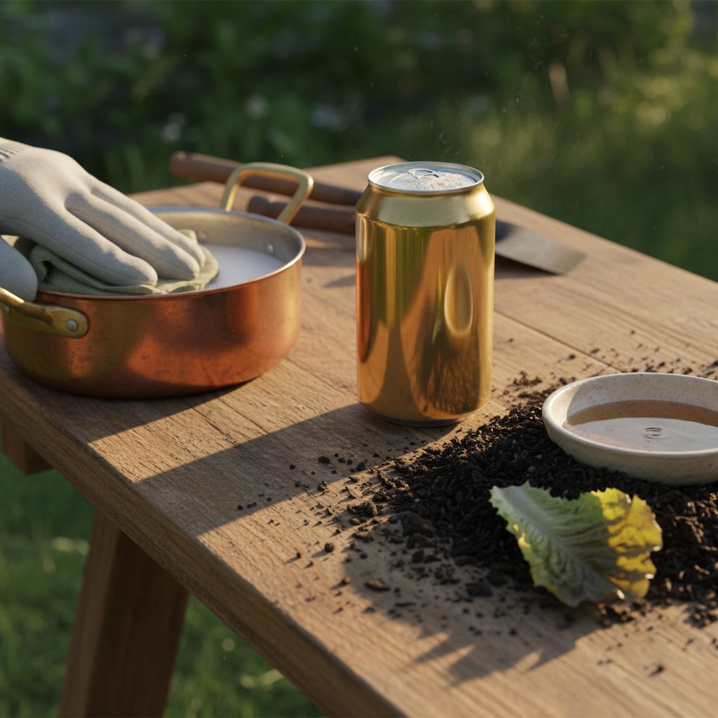 A wooden workbench with an open can of beer in the center, a copper pan being polished on the left, and a shallow garden beer dish on the right