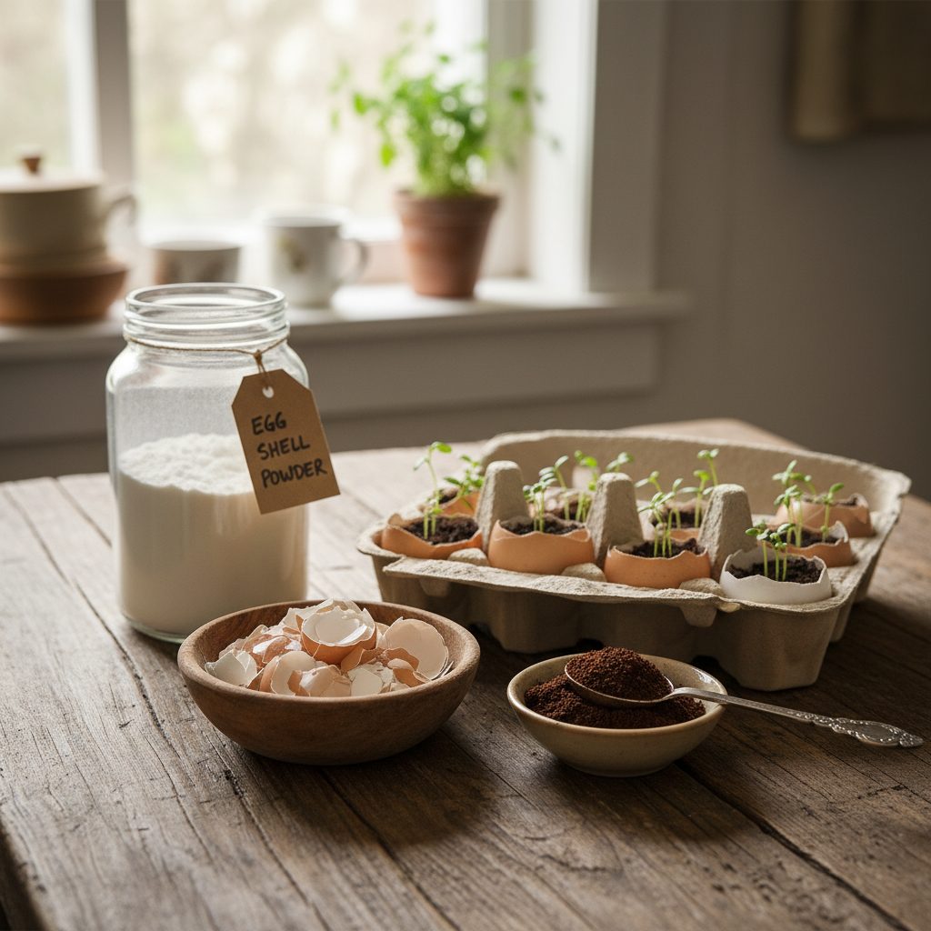 Top uses for eggshells: a bowl of crushed shells, half-shell seed starters with tiny green seedlings in an egg carton, ground shell powder in a jar, and a small dish of coffee grounds on a rustic wooden table