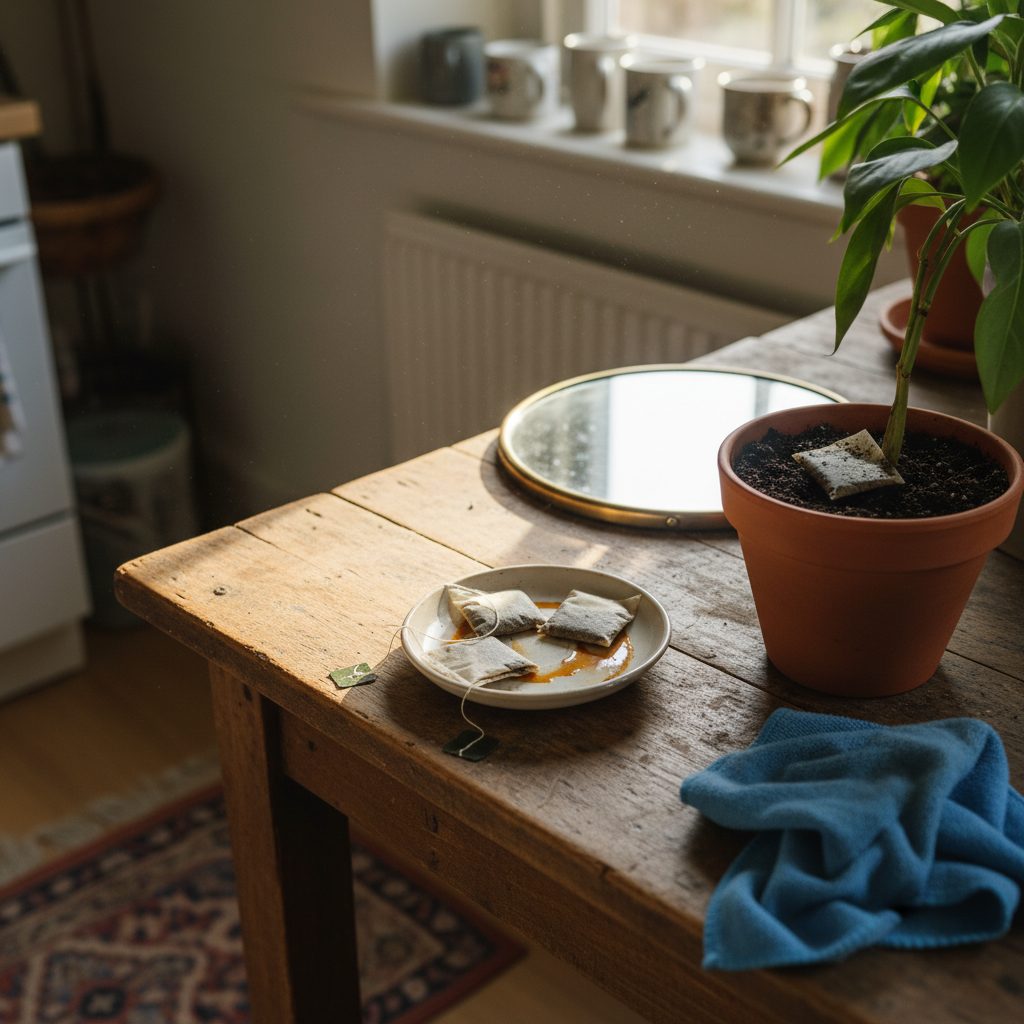 Three used black tea bags on a small saucer beside a houseplant pot with a tea bag at the soil surface and a cleaning cloth on a rustic wooden kitchen table