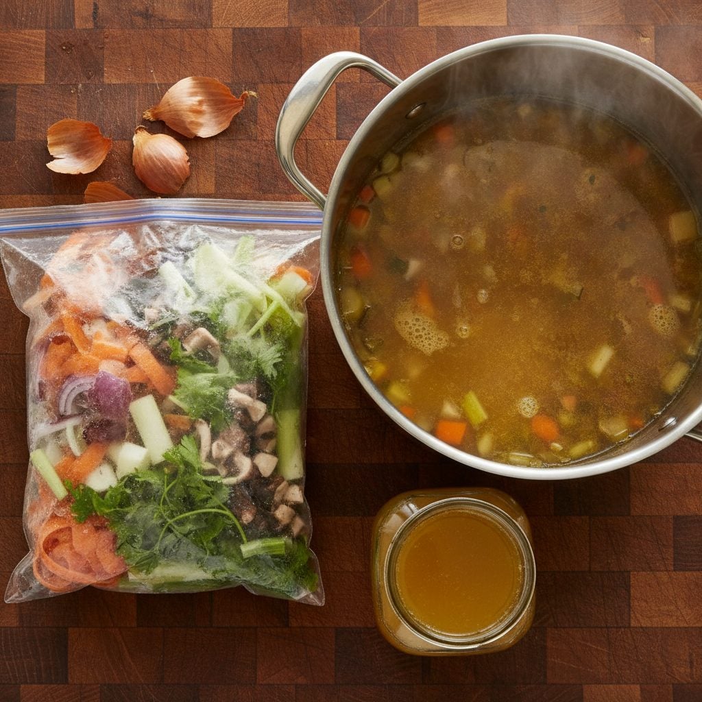 Glass jars of golden vegetable broth from scraps