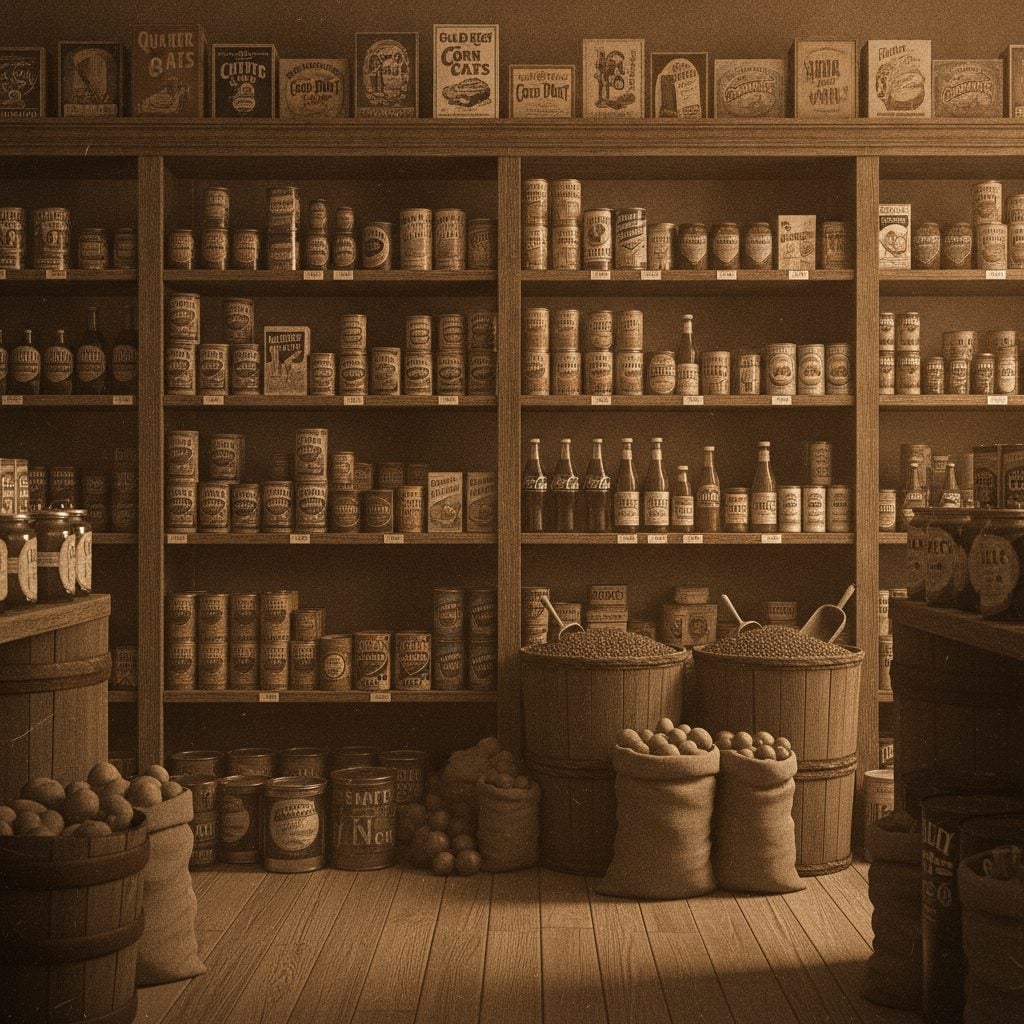 Vintage 1925 supermarket grocery aisle scene with old-fashioned products on wooden shelves in soft sepia-toned warm light.