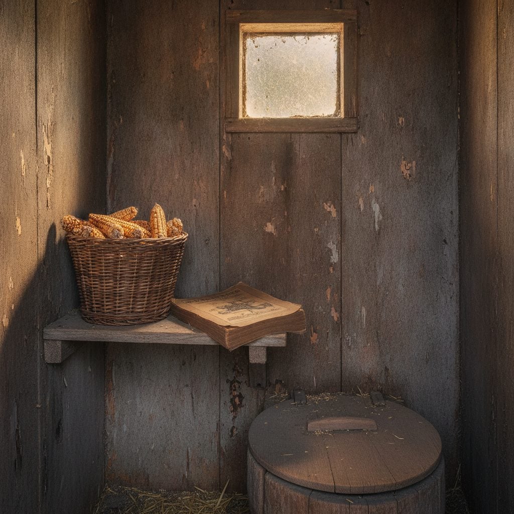Vintage outhouse interior with a basket of dried corncobs and an old Sears Roebuck catalog on a wooden shelf in soft warm light.