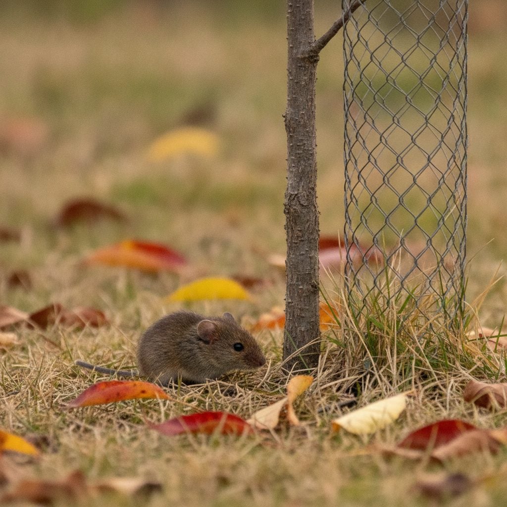 Small brown vole in short autumn grass beside a young tree trunk guard, showing the kind of garden damage voles cause