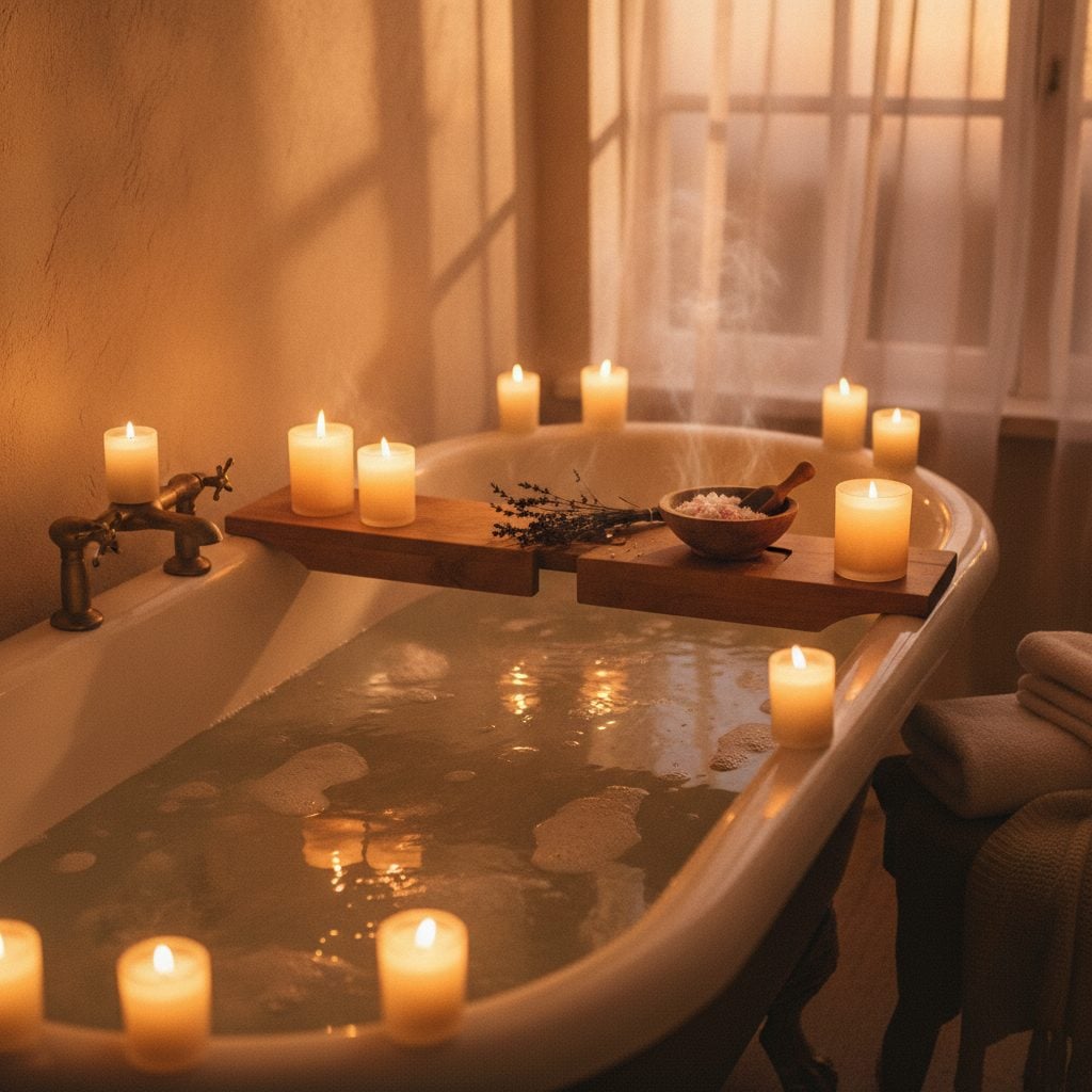 Warm bath with soft candle light and bath salts on a wooden bath tray in soft warm evening light.