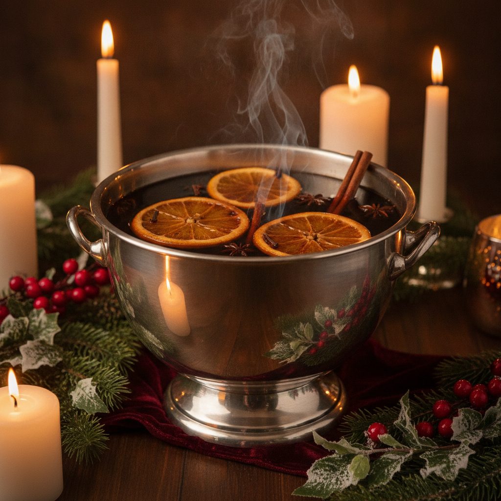 Silver punch bowl of warm wassail with orange slices cinnamon and cloves on a Christmas table