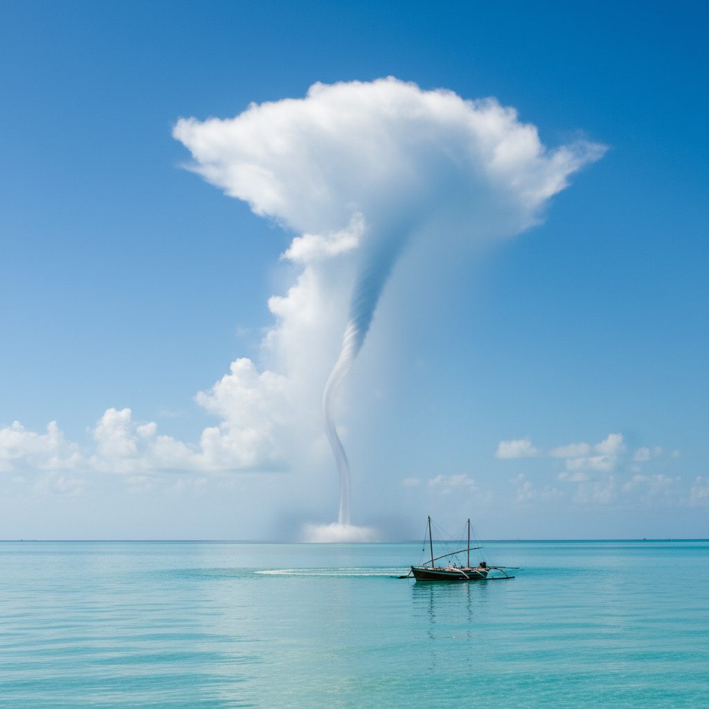 Fair-weather waterspout rising from calm turquoise Florida Keys water under a sunny sky with small fishing boat in the foreground