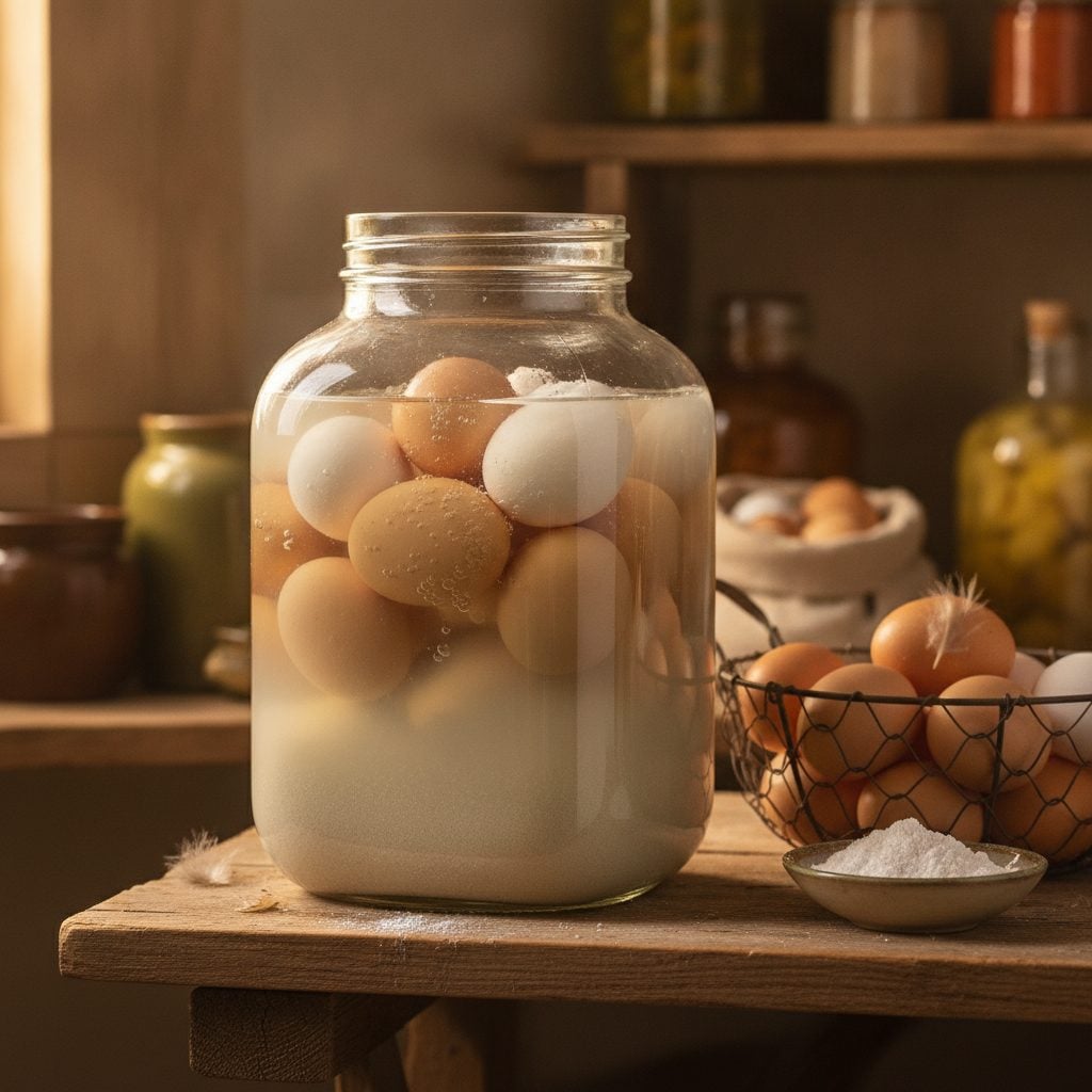 Glass jar of fresh farm eggs preserved in water glassing solution on a pantry shelf beside more fresh eggs