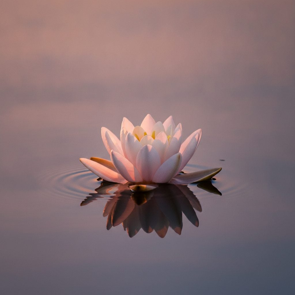 Beautiful white water lily floating on a calm pond surface at sunset in soft pink-orange evening light.
