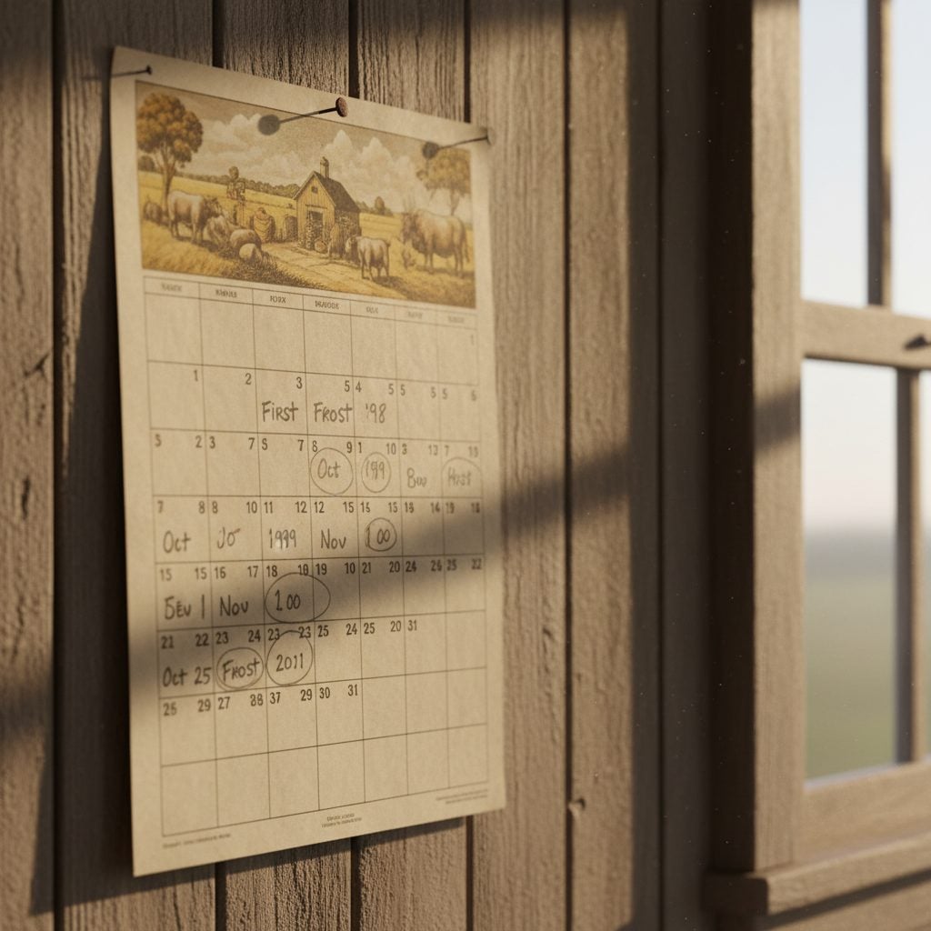 Farm calendar tracking first frost dates across years, the kind of long record that reveals weather patterns and climate change.