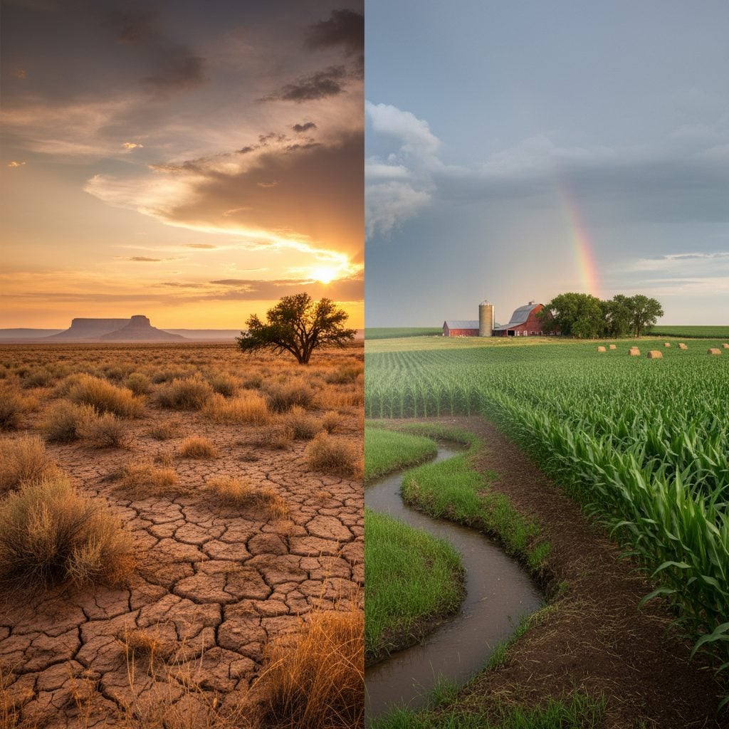 Contrast of dry Western field and green Midwestern farm under the same sky, illustrating regional weather patterns and climate change.