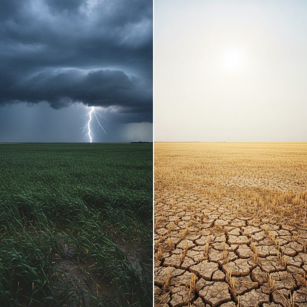 Side-by-side photoreal scene illustrating weather vs climate: a moment-in-time thunderstorm next to a long-term drought-stressed wheat field.