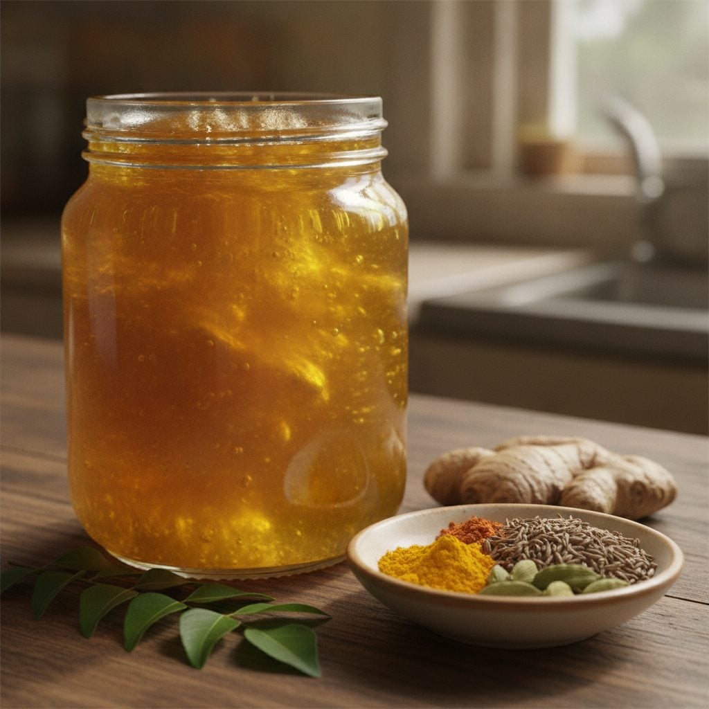 Glass jar of golden ghee with Indian spices including turmeric cumin and cardamom on a wooden kitchen table