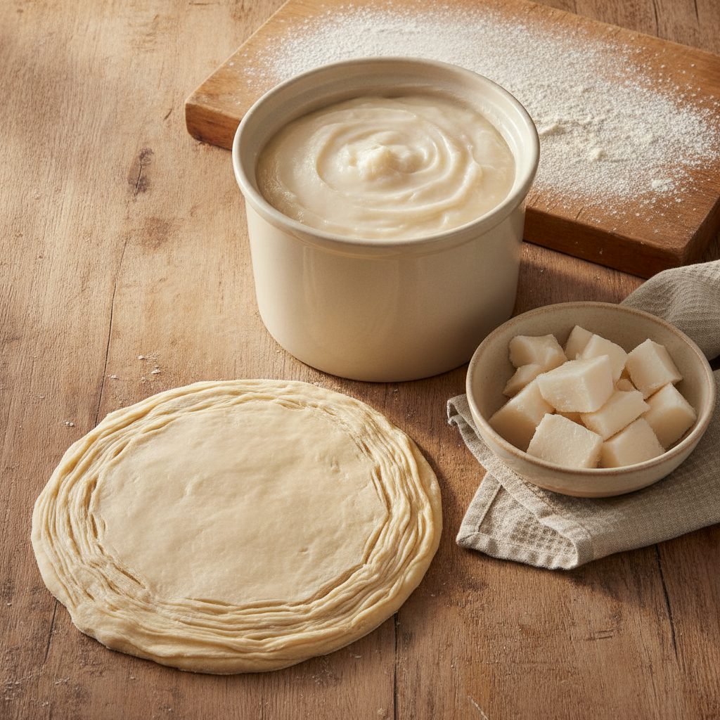 Ceramic crock of fresh rendered leaf lard with a flaky pie crust dough and small bowl of lard cubes on a wooden table