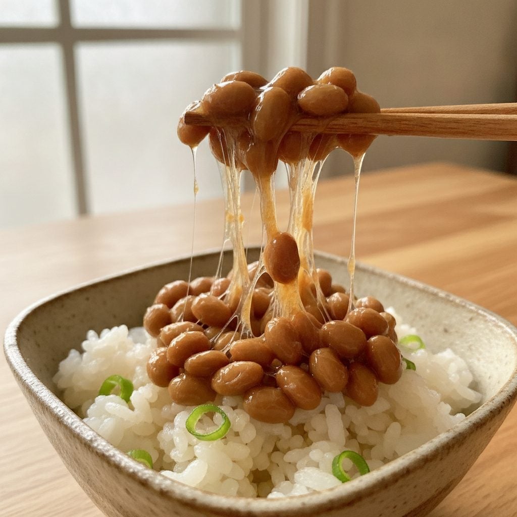 A bowl of natto fermented soybeans with sticky strings over steamed rice, showing what natto is and why it is healthy