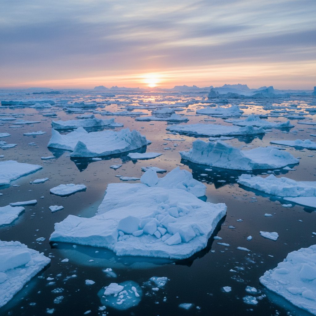 Arctic Ocean ice floes near the North Pole at sea level, comparison side for which pole is colder.